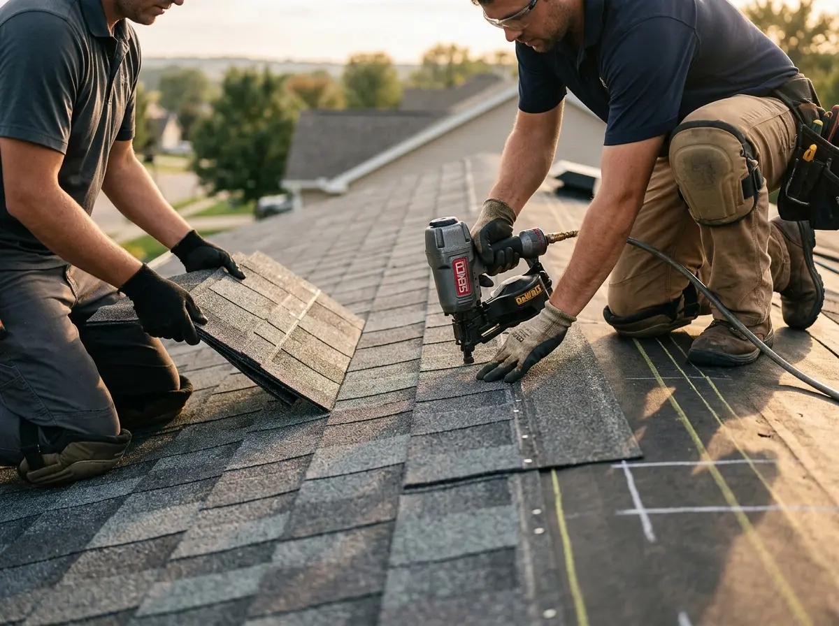 Professional roofer working on a residential roof in Susquehanna